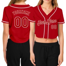 Red-White Cropped V-Neck Custom Red Women's Baseball Jersey