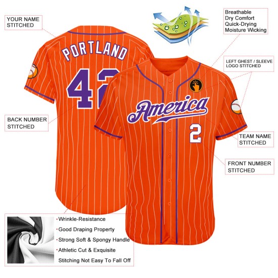 Purple-White Pinstripe Baseball Jersey Orange Authentic Custom White Purple-White Pinstripe Baseball Jersey Orange Authentic Custom White