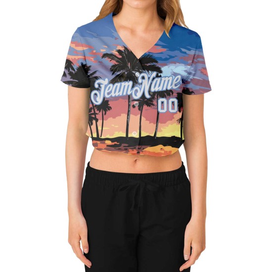 Women's Baseball Blue Light White-Light Custom 3D Cropped Trees Blue V-Neck Palm Hawaii Jersey Women's Baseball Blue Light White-Light Custom 3D Cropped Trees Blue V-Neck Palm Hawaii Jersey