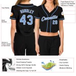 Black Custom Women's V-Neck Blue-White Light Baseball Cropped Jersey Black Custom Women's V-Neck Blue-White Light Baseball Cropped Jersey