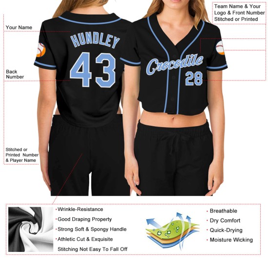 Black Custom Women's V-Neck Blue-White Light Baseball Cropped Jersey Black Custom Women's V-Neck Blue-White Light Baseball Cropped Jersey