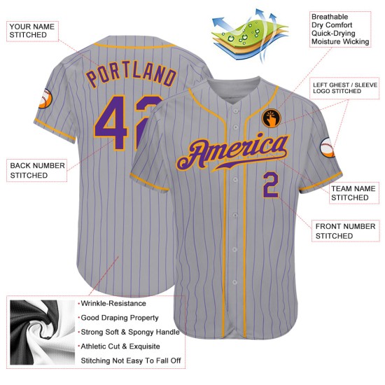 Baseball Gray Pinstripe Purple Authentic Jersey Custom Purple-Gold Baseball Gray Pinstripe Purple Authentic Jersey Custom Purple-Gold