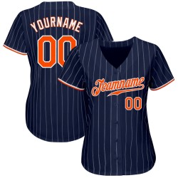 Custom Navy White Pinstripe Orange-White Authentic Baseball Jersey Custom Navy White Pinstripe Orange-White Authentic Baseball Jersey