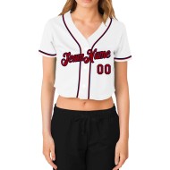 Baseball Red-Navy Women's V-Neck Custom White Cropped Jersey Baseball Red-Navy Women's V-Neck Custom White Cropped Jersey