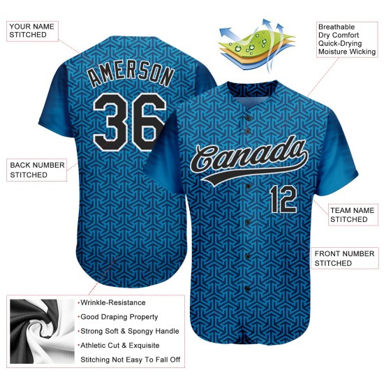 Custom Blue Baseball 3D Jersey Authentic Black-White Pattern Design Custom Blue Baseball 3D Jersey Authentic Black-White Pattern Design