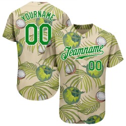 Cream 3D Authentic Design Leaves Grass Pattern Custom Coconuts Baseball Green-White Jersey And