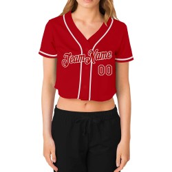 Red-White Cropped V-Neck Custom Red Women's Baseball Jersey Red-White Cropped V-Neck Custom Red Women's Baseball Jersey