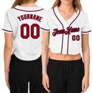 Baseball Red-Navy Women's V-Neck Custom White Cropped Jersey