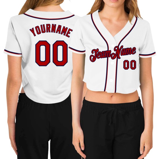 Baseball Red-Navy Women's V-Neck Custom White Cropped Jersey Baseball Red-Navy Women's V-Neck Custom White Cropped Jersey