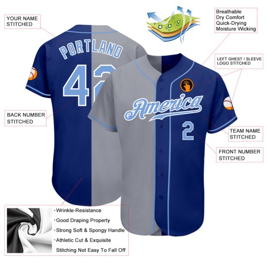 Blue-Gray Jersey Custom Light Split Authentic Baseball Royal Fashion Blue-Gray Jersey Custom Light Split Authentic Baseball Royal Fashion