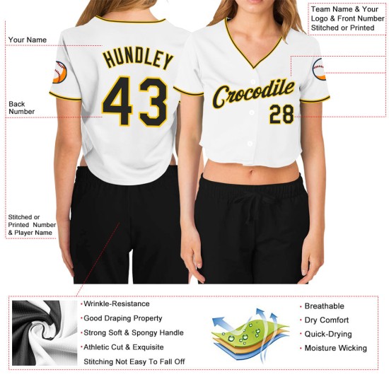 Custom Baseball White Black-Gold Cropped V-Neck Women's Jersey Custom Baseball White Black-Gold Cropped V-Neck Women's Jersey