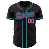 Custom Black Pink Pinstripe Pink-Teal Authentic Baseball Jersey Custom Black Pink Pinstripe Pink-Teal Authentic Baseball Jersey