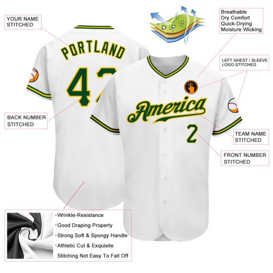 Authentic Baseball Jersey White Green-Gold Custom Authentic Baseball Jersey White Green-Gold Custom