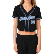 Black Custom Women's V-Neck Blue-White Light Baseball Cropped Jersey Black Custom Women's V-Neck Blue-White Light Baseball Cropped Jersey