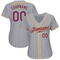 Baseball Gray Pinstripe Purple Authentic Jersey Custom Purple-Gold Baseball Gray Pinstripe Purple Authentic Jersey Custom Purple-Gold