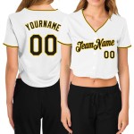 Custom Baseball White Black-Gold Cropped V-Neck Women's Jersey Custom Baseball White Black-Gold Cropped V-Neck Women's Jersey