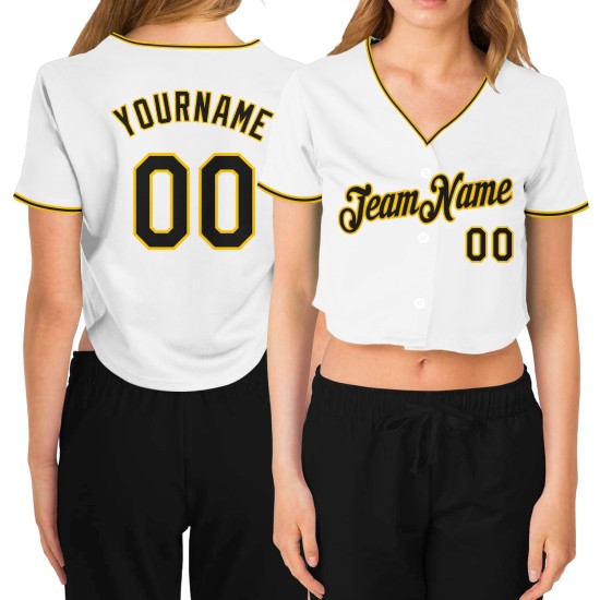 Custom Baseball White Black-Gold Cropped V-Neck Women's Jersey Custom Baseball White Black-Gold Cropped V-Neck Women's Jersey