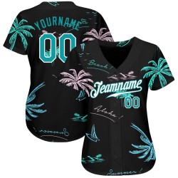 Custom Black Teal-White 3D Pattern Design Hawaii Palm Trees Authentic Baseball Jersey Custom Black Teal-White 3D Pattern Design Hawaii Palm Trees Authentic Baseball Jersey