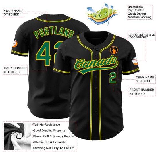 Custom Kelly Jersey Baseball Black Authentic Green-Gold Custom Kelly Jersey Baseball Black Authentic Green-Gold