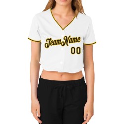 Custom Baseball White Black-Gold Cropped V-Neck Women's Jersey Custom Baseball White Black-Gold Cropped V-Neck Women's Jersey