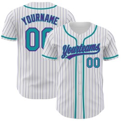 Custom Authentic Teal Pinstripe Baseball Jersey Purple White