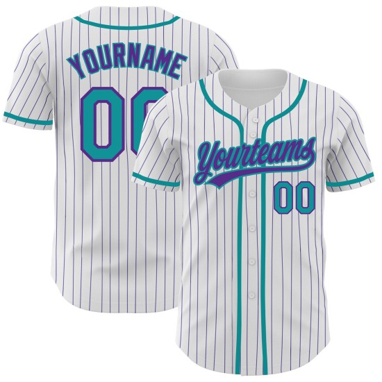 Custom Authentic Teal Pinstripe Baseball Jersey Purple White Custom Authentic Teal Pinstripe Baseball Jersey Purple White