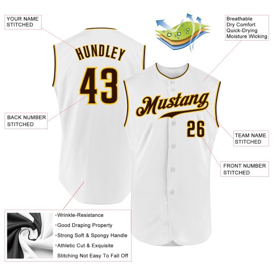 Custom Authentic White Brown-Gold Baseball Jersey Sleeveless Custom Authentic White Brown-Gold Baseball Jersey Sleeveless
