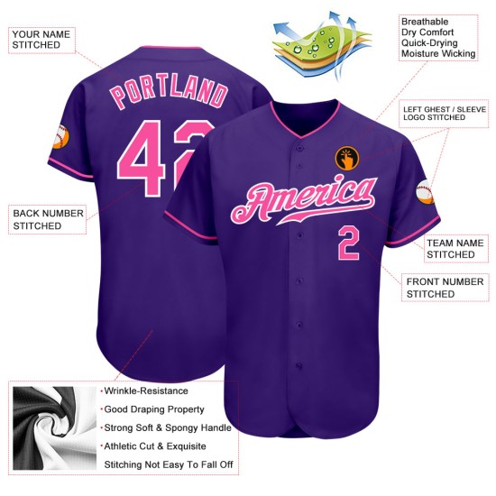 Authentic Purple Jersey Pink-White Custom Baseball Authentic Purple Jersey Pink-White Custom Baseball