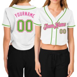 Cropped Green-Pink Jersey White Women's V-Neck Neon Baseball Custom