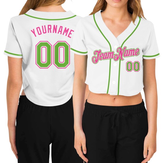Cropped Green-Pink Jersey White Women's V-Neck Neon Baseball Custom Cropped Green-Pink Jersey White Women's V-Neck Neon Baseball Custom