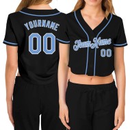 Black Custom Women's V-Neck Blue-White Light Baseball Cropped Jersey
