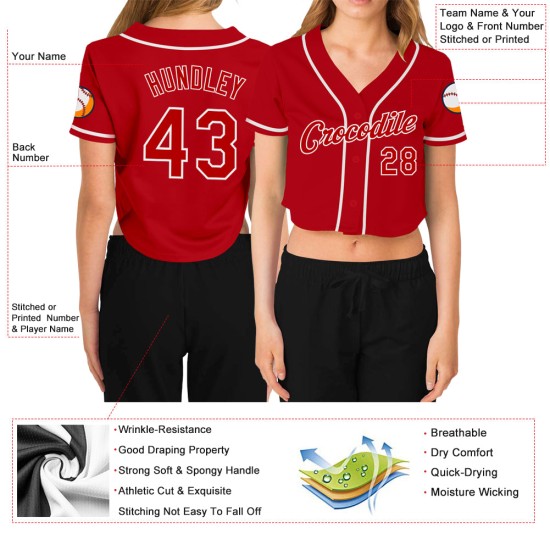 Red-White Cropped V-Neck Custom Red Women's Baseball Jersey Red-White Cropped V-Neck Custom Red Women's Baseball Jersey