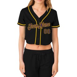 Black Cropped Purple-Gold V-Neck Women's Jersey Custom Baseball Black Cropped Purple-Gold V-Neck Women's Jersey Custom Baseball