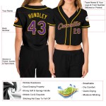 Black Cropped Purple-Gold V-Neck Women's Jersey Custom Baseball Black Cropped Purple-Gold V-Neck Women's Jersey Custom Baseball