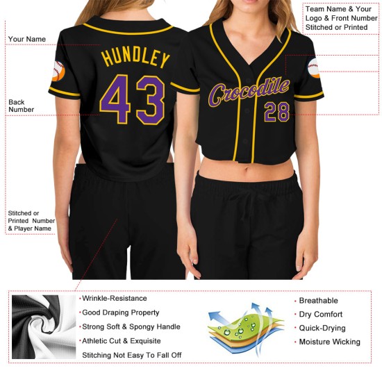 Black Cropped Purple-Gold V-Neck Women's Jersey Custom Baseball Black Cropped Purple-Gold V-Neck Women's Jersey Custom Baseball