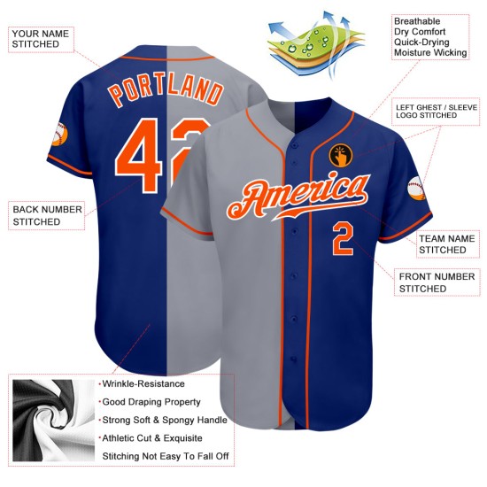 Authentic Jersey Baseball Royal Orange-Gray Custom Split Fashion Authentic Jersey Baseball Royal Orange-Gray Custom Split Fashion