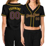 Black Cropped Purple-Gold V-Neck Women's Jersey Custom Baseball Black Cropped Purple-Gold V-Neck Women's Jersey Custom Baseball