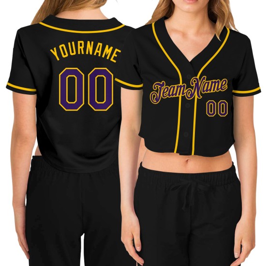 Black Cropped Purple-Gold V-Neck Women's Jersey Custom Baseball Black Cropped Purple-Gold V-Neck Women's Jersey Custom Baseball