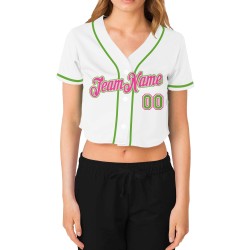 Cropped Green-Pink Jersey White Women's V-Neck Neon Baseball Custom Cropped Green-Pink Jersey White Women's V-Neck Neon Baseball Custom