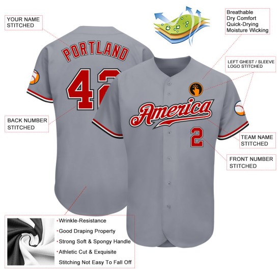 Authentic Baseball Gray Custom Jersey Red White-Black Authentic Baseball Gray Custom Jersey Red White-Black