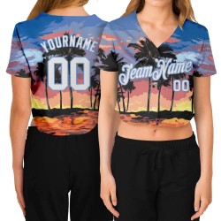 Women's Baseball Blue Light White-Light Custom 3D Cropped Trees Blue V-Neck Palm Hawaii Jersey