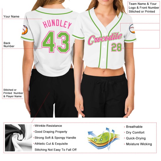 Cropped Green-Pink Jersey White Women's V-Neck Neon Baseball Custom Cropped Green-Pink Jersey White Women's V-Neck Neon Baseball Custom